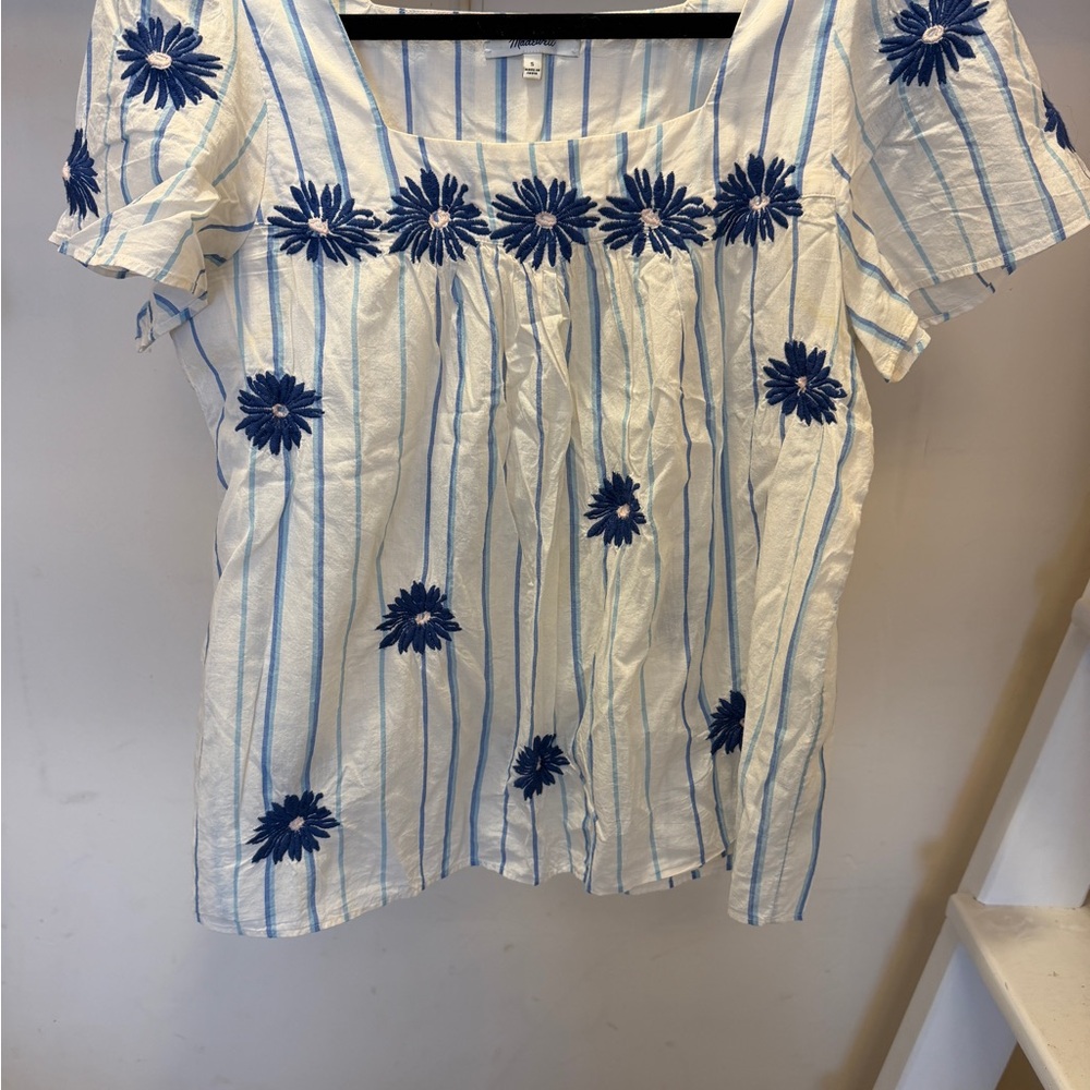 Madewell blouse with blue stripes and flowers